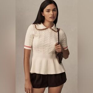 Maeve Short Sleeve Collared Peplum Sweater